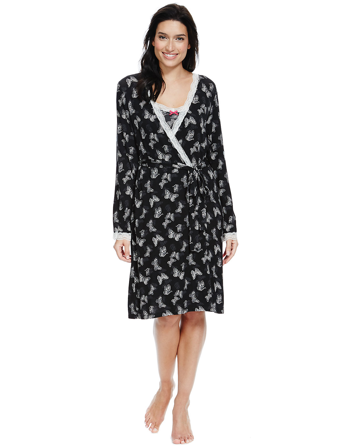 Marks and Spencer - - M&5 MONO Butterfly Print Wrap Dressing Gown - Size 10 to 22