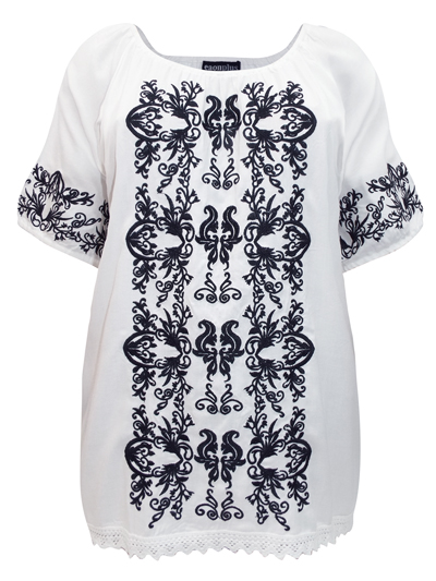 eaonplus WHITE Contrast Embroidered Gypsy Blouse - Plus Size 18/20 to 30/32 eaonplus WHITE Contrast Embroidered Gypsy Blouse - Plus Size 18/20 to 30/32