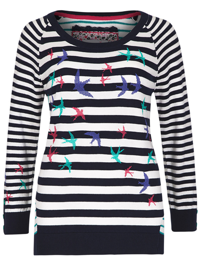 M&5 P3rUna Navy Mix Nautical Striped & Bird Print Knitted Jumper - Size 8 to 24 M&5 P3rUna Navy Mix Nautical Striped & Bird Print Knitted Jumper - Size 8 to 24