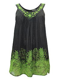 eaonplus BLACK GREEN Flared Embroidered Batik Tunic Top - Size 14 to 34