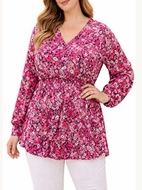 PINK Ditsy Floral Shirred Detail Button Front Blouse - Plus Size 20 to 30