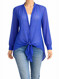 BLUE V-Neck Tie Front Chiffon Blouse - Size 8/10 to 26/28 (US M to 3X)