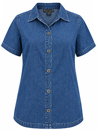 BLUE-DENIM Pure Cotton Short Sleeve Denim Shirt - Plus Size 16 to 20 (US S to L)