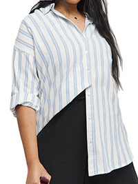 BLUE Premium Textured Long Sleeve Cotton Striped Shirt - Plus Size 12 to 20