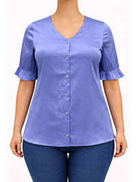 BLUE Button Through Soft Crepe Blouse - Plus Size 14 to 26