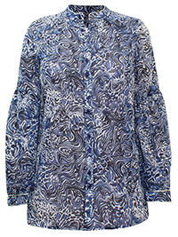 BLUE Printed Collarless Volume Sleeve Blouse - Size 12 to 16
