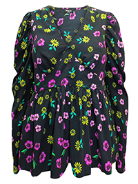 BLACK Floral Print Button Through Peplum Blouse - Plus Size 16 to 24