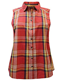 ORANGE Pure Cotton Sleeveless Checked Shirt - Plus Size 18 to 24