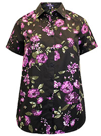 BLACK Purple Rose Floral Short Sleeve Kate Big Shirt - Plus Size 14 to 30 (US 12W to 28W) BLACK Purple Rose Floral Short Sleeve Kate Big Shirt - Plus Size 14 to 30 (US 12W to 28W)