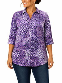 PURPLE Grape Medallion 3Q Sleeve Crepe Timeless Blouse - Plus Size 16/18 to 40 (US 0X to 6X)
