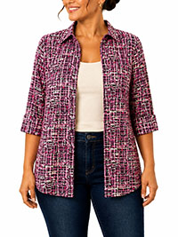 BURGUNDY Painted Tweed 3Q Sleeve Crepe Timeless Blouse - Plus Size 20/22 to 40 (US 1X to 6X)