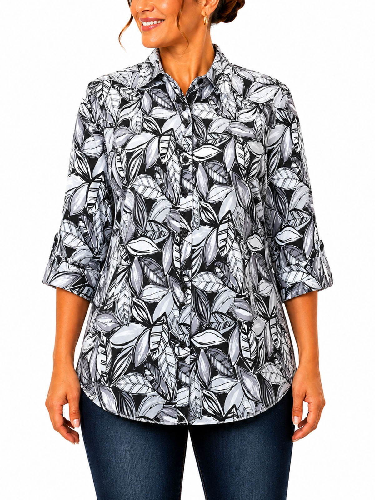 BLACK Sketched Leaf 3Q Sleeve Crepe Timeless Blouse - Plus Size 16/18 to 40 (US 0X to 6X)