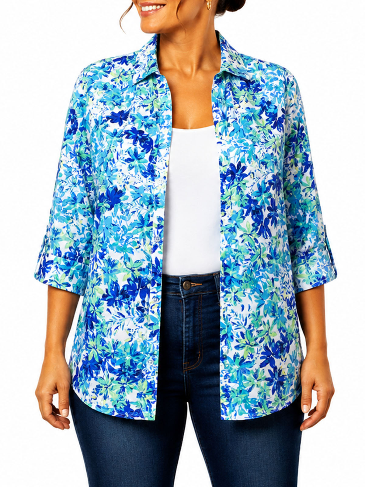 BLUE Floral Print 3Q Sleeve Crepe Timeless Blouse - Plus Size 16/18 to 40 (US 0X to 6X)