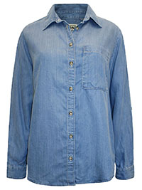 LIGHT-BLUE Lyocell Denim Roll Sleeve Shirt - Plus Size 16 to 22