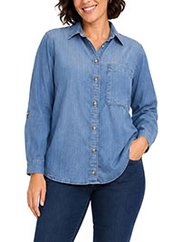 LIGHT-BLUE Lyocell Denim Roll Sleeve Shirt - Plus Size 16 to 22