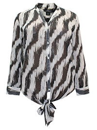 BLACK Printed Woven Tie Front Blouse - Size 6 to 22/24 (US S to 2X)