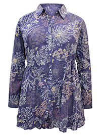 NAVY Floral Print Ruffle Trim Tie Waist Tunic Blouse - Plus Size 22 to 24