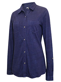 INDIGO Ink Dye Distressed Pure Cotton Roll Sleeve Blouse - Size 10 to 12