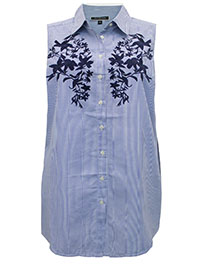BLUE Sleeveless Floral Embroidered Striped Shirt - Size 8 to 22 (US 2 to 16)