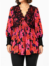 BLACK PINK Deep Lace Cuff Shirred Waist Blouse - Size 10 to 12