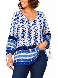 Blue Mixed Print Boho Tassel Tie Sleeves Blouse - Size 10 to 16