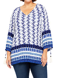 Blue Mixed Print Boho Tassel Tie Sleeves Blouse - Size 10 to 16