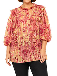 PEACH PINK Floral Ruffle Cami Lined Blouse - Size 10 to 12
