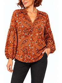 RUST Paisley Print Balloon Sleeve Boho Blouse - Size 10 to 20