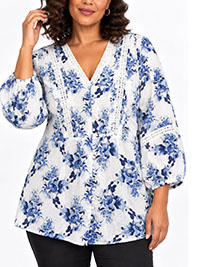 BLUE FORAL Lace Trim Pintuck Cotton Blouse Size 12 to 14