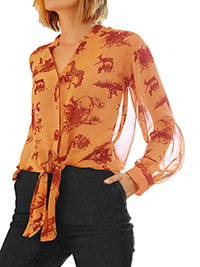 ORANGE Safari Print Tie Front Blouse - Size 14 to 18
