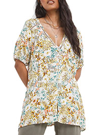 MULTI Floral Short Sleeve Button Front Ladder Trim Crinkle Top - Size 16 to 22