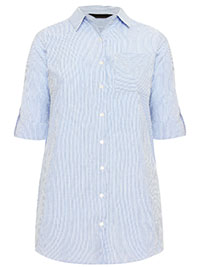 BLUE Pure Cotton Striped Roll Sleeve Shirt - Plus Size 20 to 24