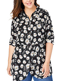 BLACK Daisy Print Hanky Hem Blouse - Plus Size 32/34 to 36/38 (US 3X to 4X)