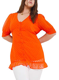 RED Dobby V-Neck Button Through Blouse with Frill Hem - Plus Size 12 to 32