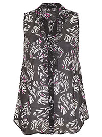 Curve BLACK Printed Sleeveless Frill Detail Blouse - Plus Size 16 to 30/32
