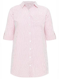 Curve LIGHT-PINK Pure Cotton Striped Roll Sleeve Shirt - Plus Size 16 to 30/32