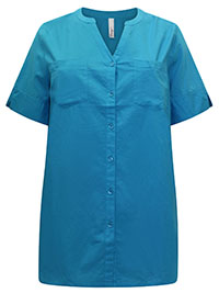 TURQUOISE Pure Cotton Notch Neck Blouse - Plus Size 20 to 30