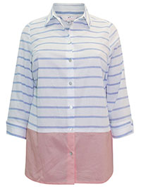 BLUE Pure Cotton Striped Color Block Hem Blouse - Plus Size 16