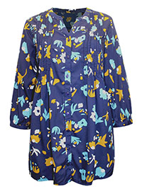 BLUE Floral Print Notch Neck Pintuck Blouse - Size 10 to 22