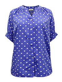 BLUE Polka Dot Shirred Trim Blouse - Plus Size 12 to 28