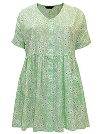 Curve GREEN Daisy Print Button Front Smock Tunic - Plus Size 16 to 38/40