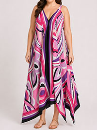 PINK Sleeveless Abstract Print Hanky Hem Dress - Plus Size 12 to 24/26 (S to 3X)