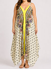YELLOW Sleeveless Scarf Print Hanky Hem Dress - Plus Size 12 to 18 (S to XL)