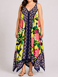 YELLOW Sleeveless Floral Print Hanky Hem Dress - Plus Size 12 to 24/26 (S to 3X)