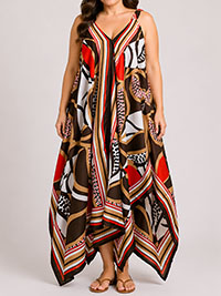 ORANGE Sleeveless Abstract Print Hanky Hem Dress - Plus Size 12 to 24/26 (S to 3X)