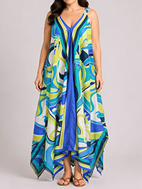 BLUE Sleeveless Abstract Print Hanky Hem Dress - Plus Size 12 to 18 (S to XL)