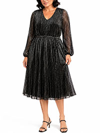 BLACK Blouson Sleeve Belted Metallic Plisse Dress - Plus Size 18 to 22/24