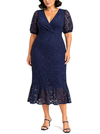 Curve NAVY Lace Wrap Flounce Hem Midi Dress - Plus Size 14 to 30/32