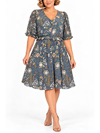 BLUE Floral Print Frill Detail Tea Dress - Size 6 to 18