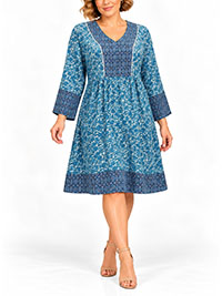 BLUE Border Print BoHo Smock Dress - Size 6 to 22